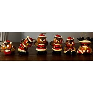Vintage 1979 Enesco Frolicsome Santa Owls set of 6 ceramic christmas ornaments